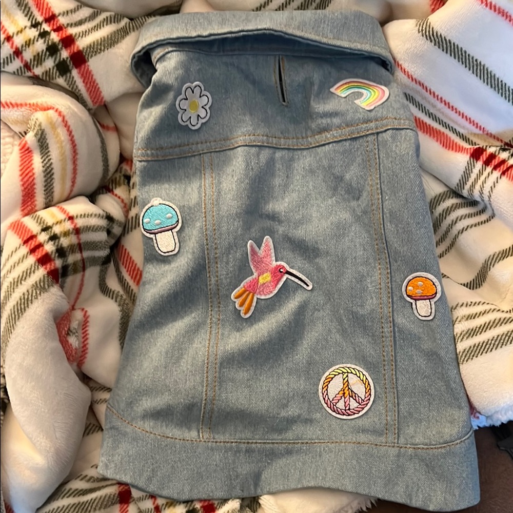 4/$15 Denim jacket with Colorful Patches